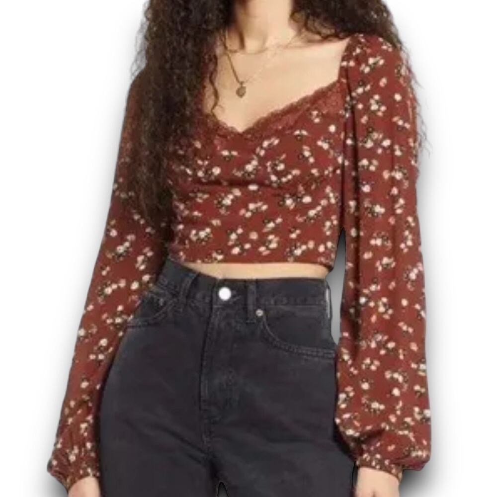 BP Ditsy Brown Floral Long Sleeve Crop Top Lace Neckline Lightweight Smocked XXS